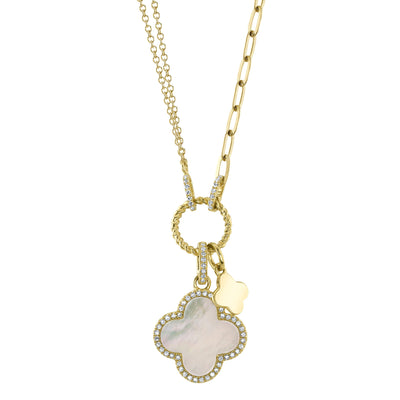 Shy Creation Diamond & Mother of Pearl Clover Paper Clip Link Necklace