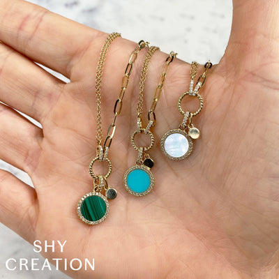 Shy Creation Diamond & Malachite Paper Clip Necklace