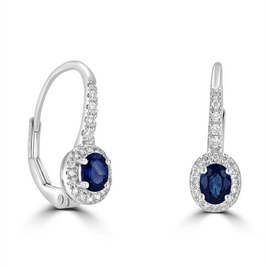 14K White Gold Blue Sapphire and Diamond Lever Back Earrings