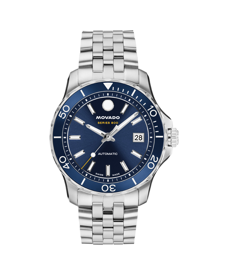 Movado Series 800 Stainless Steel Aluminum Bezel Deep Blue Sunray Dial Watch