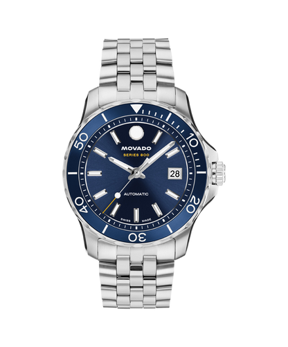 Movado Series 800 Stainless Steel Aluminum Bezel Deep Blue Sunray Dial Watch