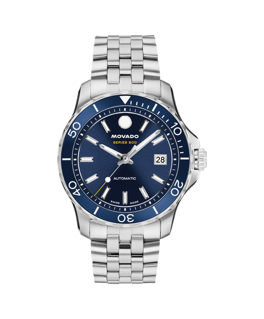 Movado Series 800 Stainless Steel Aluminum Bezel Deep Blue Sunray Dial Watch