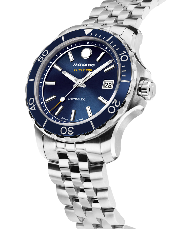 Movado Series 800 Stainless Steel Aluminum Bezel Deep Blue Sunray Dial Watch