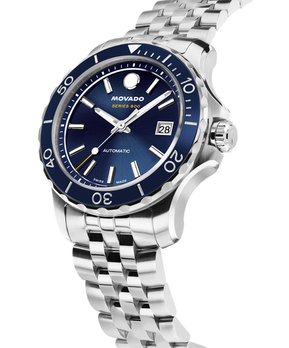 Movado Series 800 Stainless Steel Aluminum Bezel Deep Blue Sunray Dial Watch