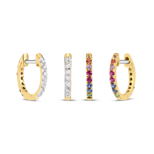 14K Yellow Gold Reversible Rainbow Sapphire, Ruby, Tsavorite & Diamond Huggies