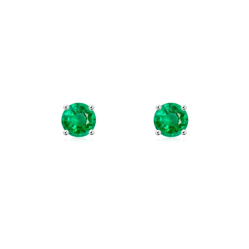 14K White Gold Round Emerald Stud Earrings
