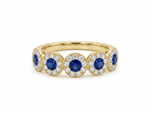 14K Yellow Gold Blue Sapphire And Diamond Halo Band