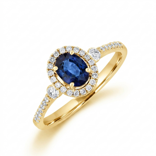 14K Yellow Gold Blue Sapphire And Diamond Halo Ring