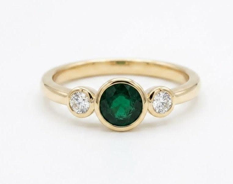 14K Yellow Gold Emerald And Diamond Bezel Ring