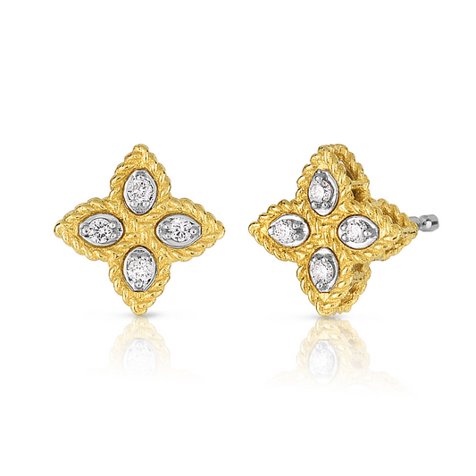 Roberto Coin 18K Two Tone Gold Princess Flower Small Diamond Stud Earrings