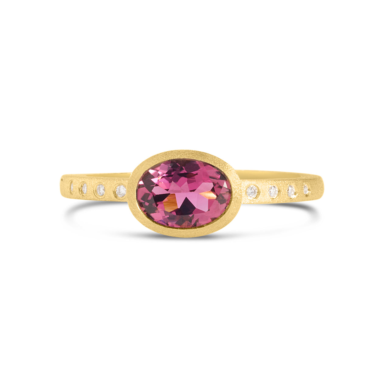 14K Yellow Gold Pink Tourmaline And Diamond Satin Finish Ring