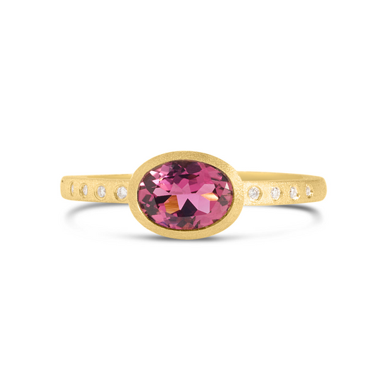 14K Yellow Gold Pink Tourmaline And Diamond Satin Finish Ring