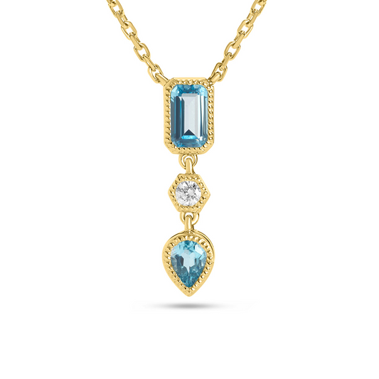 14K Yellow Gold Blue Topaz And Diamond 3 Stone Necklace