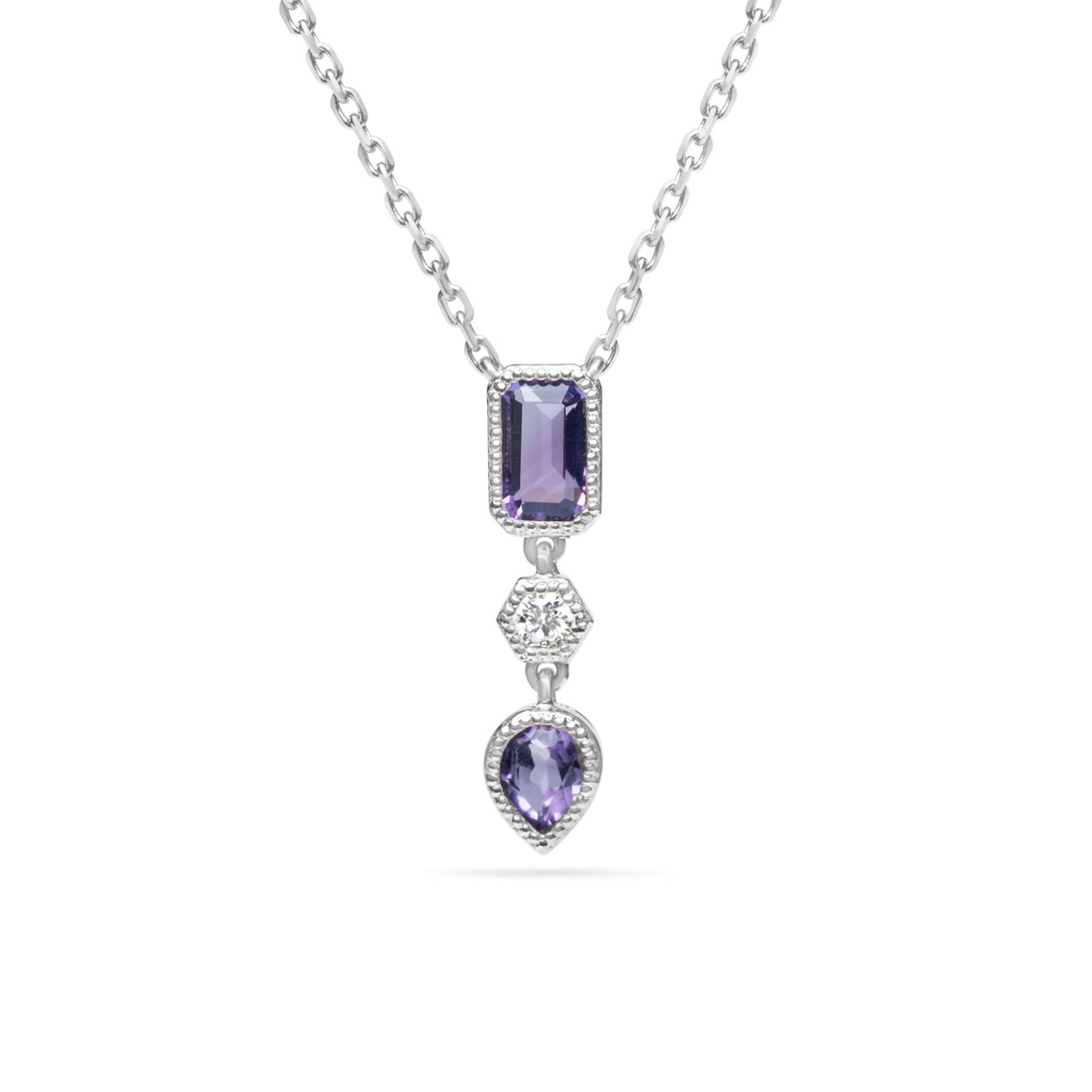 14K White Gold Amethyst And Diamond 3 Stone Necklace