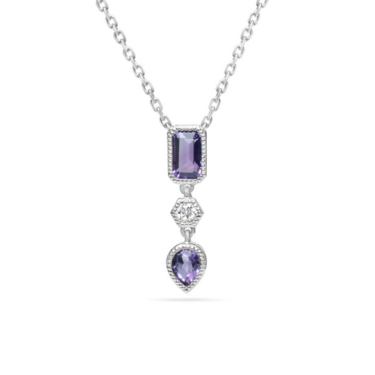 14K White Gold Amethyst And Diamond 3 Stone Necklace