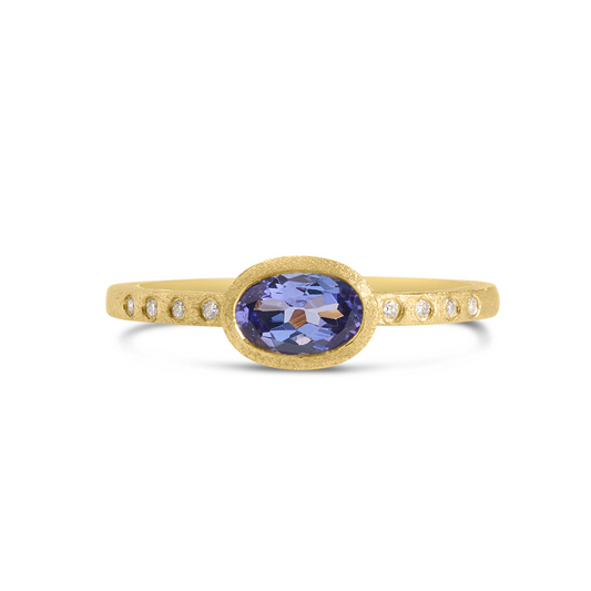 14K Yellow Gold Tanzanite And Diamond Satin Finish Ring