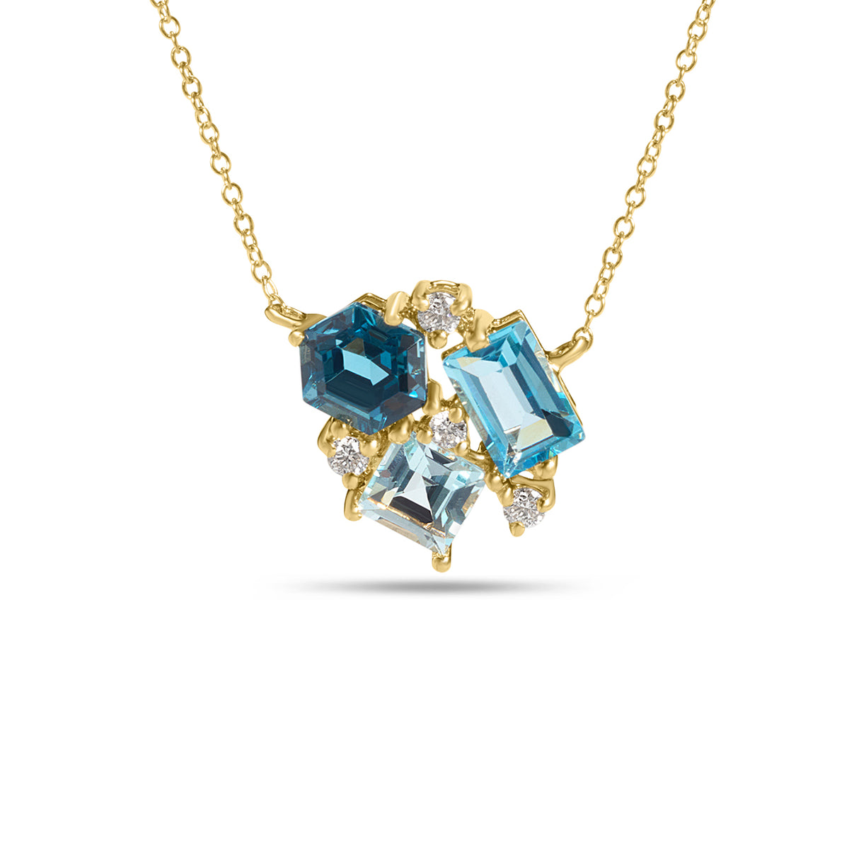 14K Yellow Gold Blue Topaz And Diamond Cluster Necklace