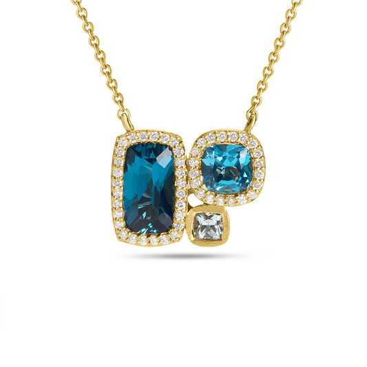 14K Yellow Gold Blue Topaz 3 Stone And Dia Halo Necklace