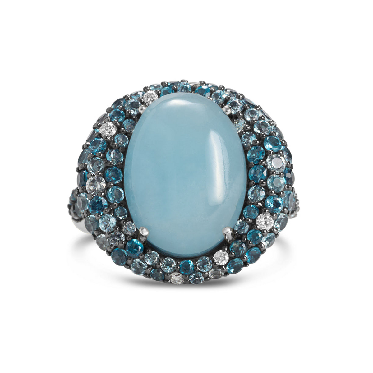 14K White Gold Aquamarine Cabachon, Blue Topaz And Diamond Halo Ring