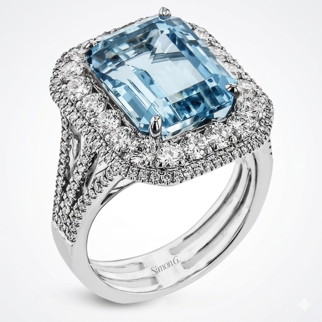 Simon G 18K White Gold Emerald Cut Aquamaine & Diamond Ring