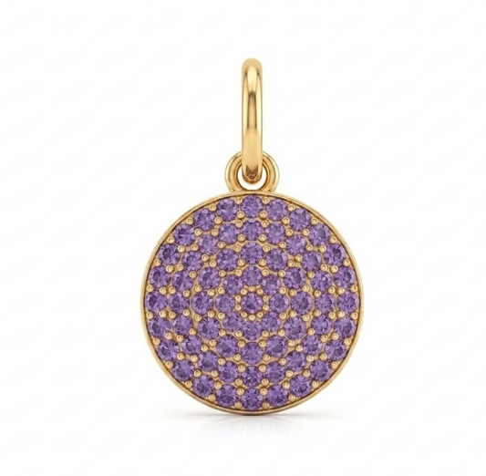 14K Yellow Gold Round Amethyst Pave Disc Charm