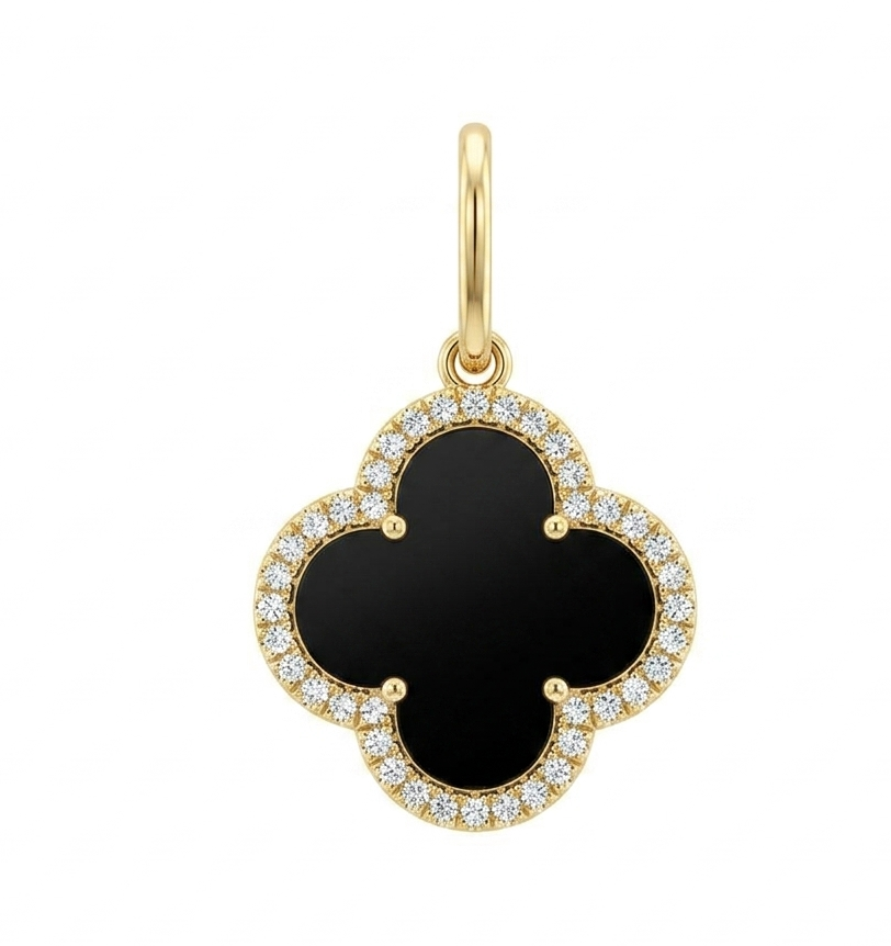 14K Yellow Gold Black Agate And Diamond Clover Charm