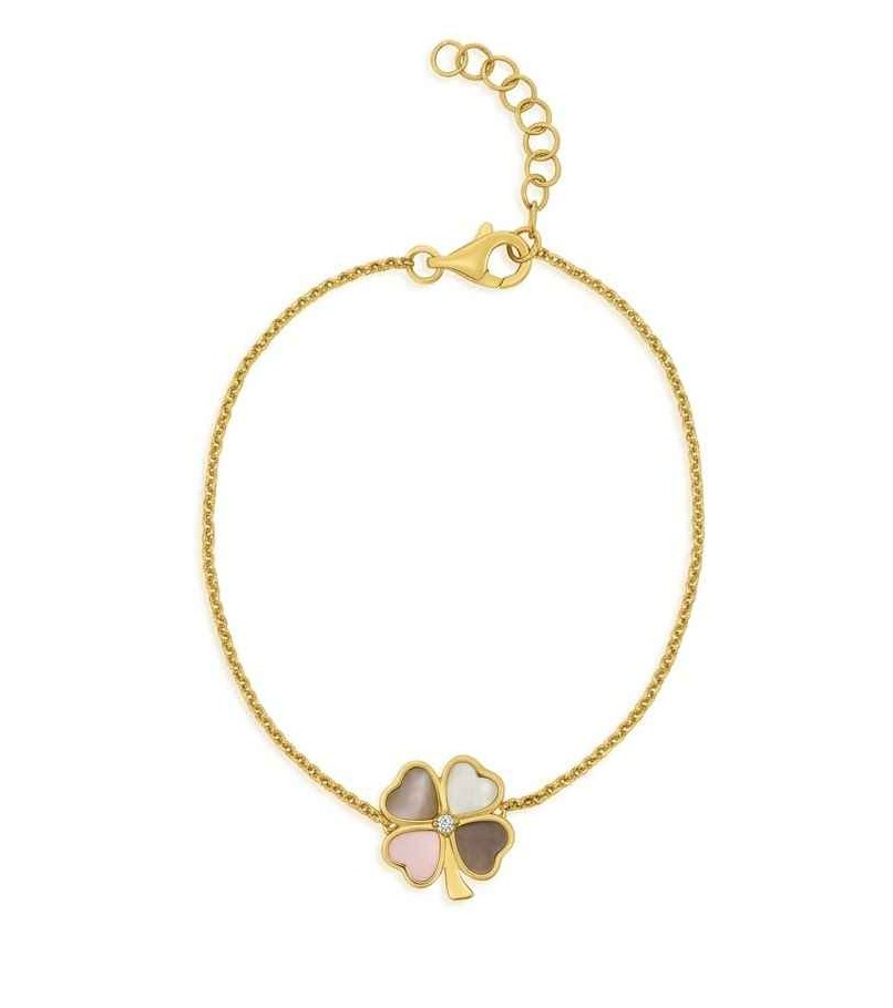 14K Yellow Gold Mother Of Pearl And Diamond Shamrock Bracelet
