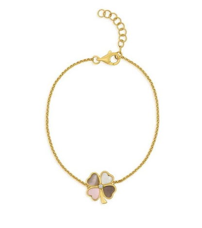 14K Yellow Gold Mother Of Pearl And Diamond Shamrock Bracelet