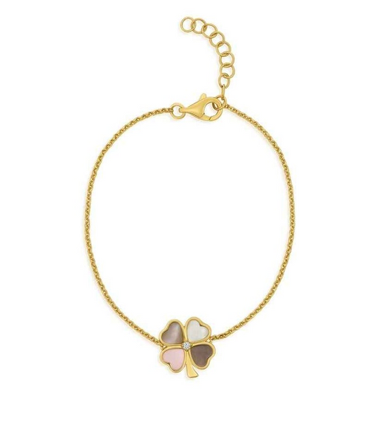 14K Yellow Gold Mother Of Pearl And Diamond Shamrock Bracelet