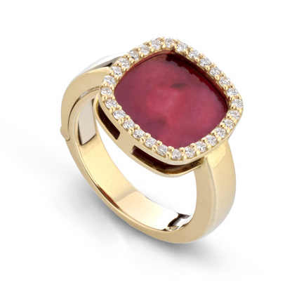 Mello 14K Yellow Gold Cushion Diamond Halo Fashion Ring with 9 Interchaneable MOP Inserts