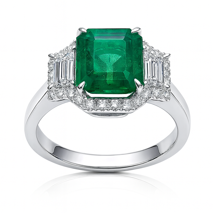 18K White Gold 3 Stone Emerald & Diamond Halo Ring