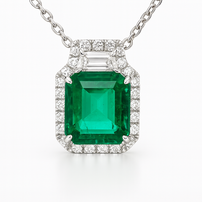 18K White Gold Emerald & Diamond Halo Necklace