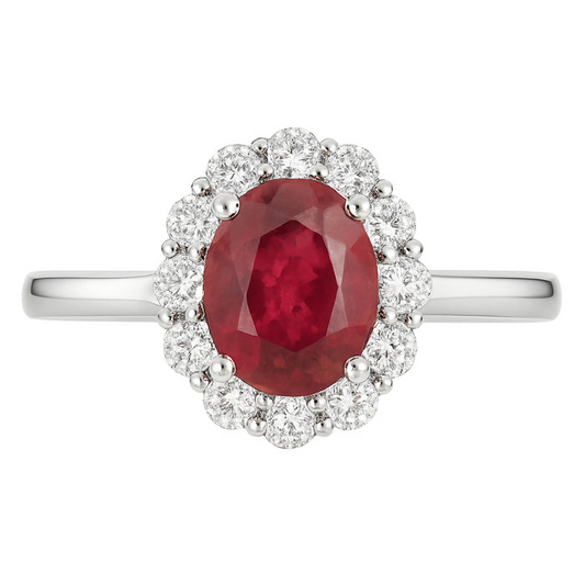 18K White Gold Oval Ruby Diamond Halo Ring