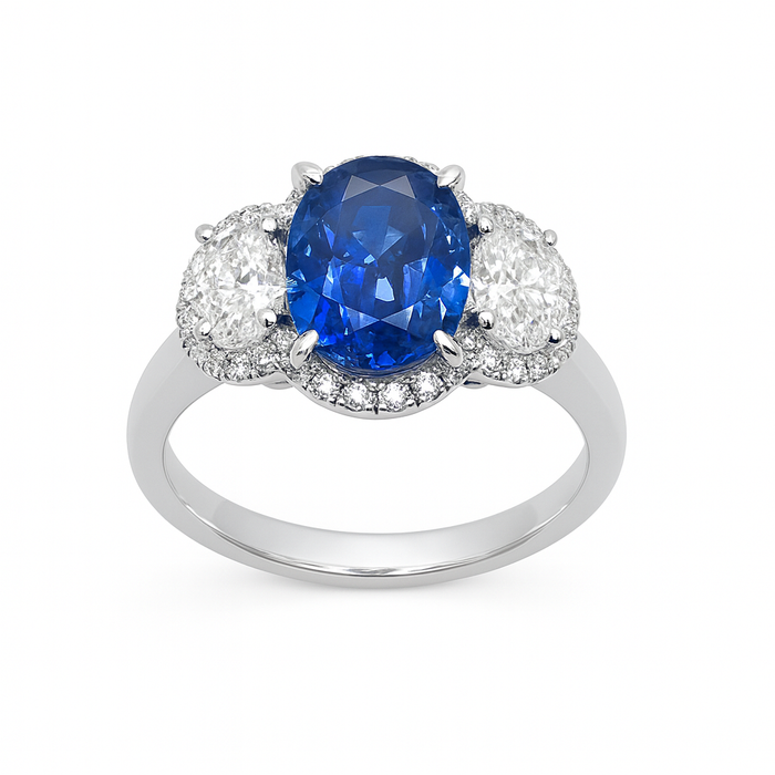 18K White Gold 3 Stone Oval Blue Sapphire & Diamond Halo Ring