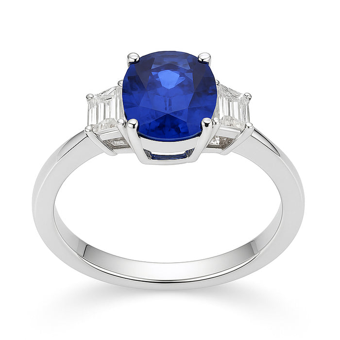 18K White Gold 3 Stone Cushion Blue Sapphire & Diamond Ring