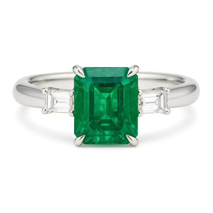 18K White Gold 3 Stone Cushion Emerald & Diamond Ring