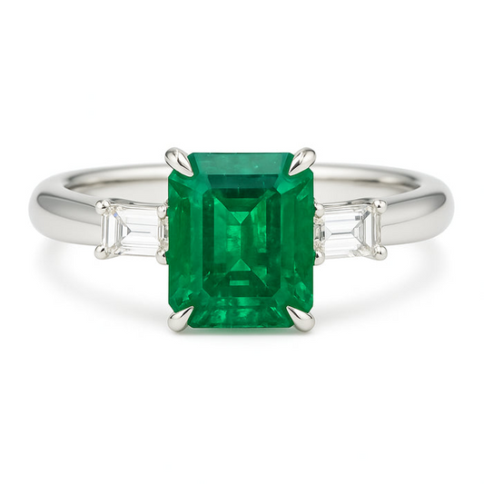 18K White Gold 3 Stone Cushion Emerald & Diamond Ring