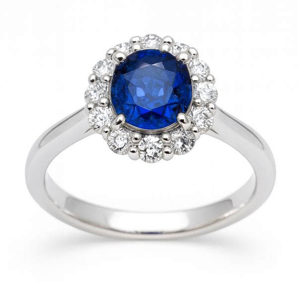 18K White Gold Oval Blue Sapphire & Diamond Halo Ring