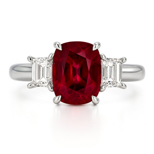 18K White Gold 3 Stone Cushion Ruby & Diamond Ring