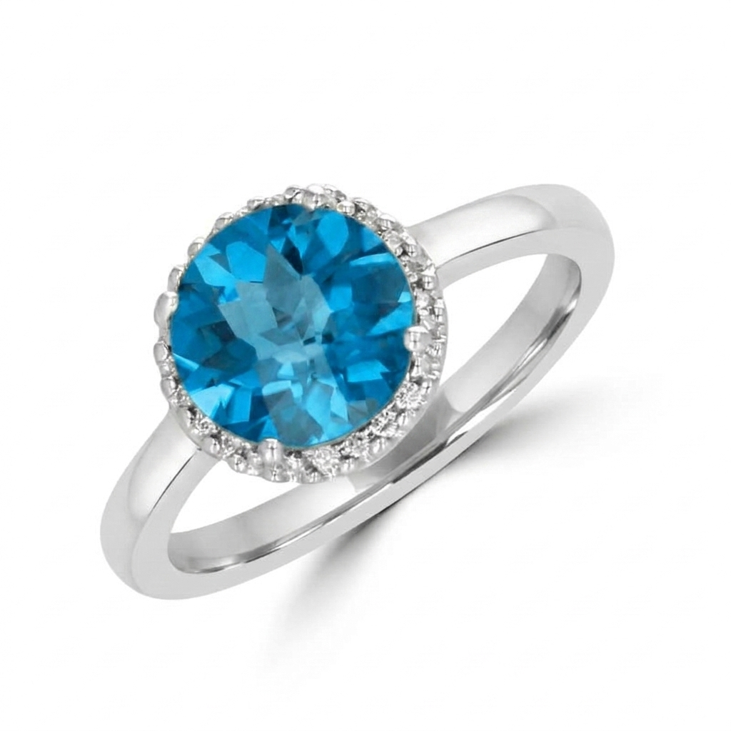 14K White Gold Blue Topaz And Diamond Ring