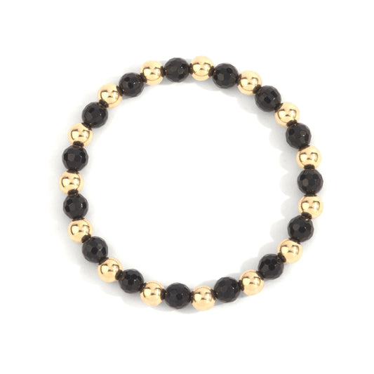 Dee Berkley Black Agate Alternating Yellow Gold Plated Beaded Bracelet