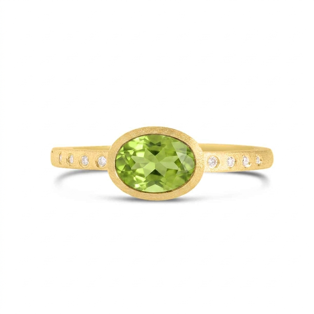14K Yellow Gold Peridot And Diamond Satin Finish Ring
