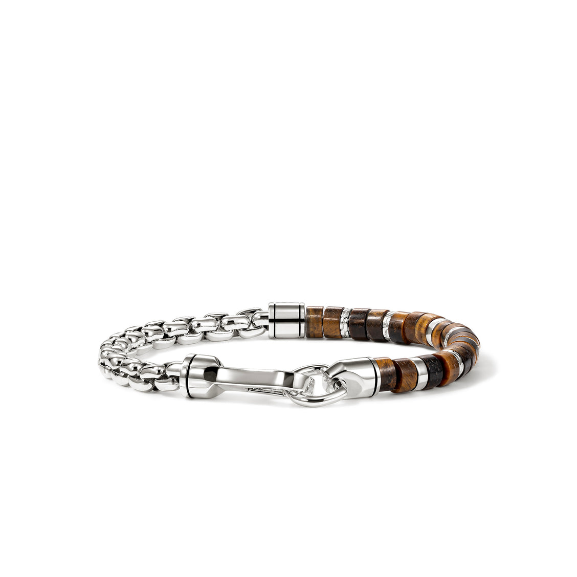 John Hardy Sterling Silver Heishi Box Chain Tiger Eye Beaded Bracelet