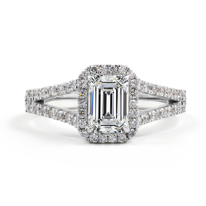 14K White Gold Lab Grown Emerald Cut Diamond Halo Ring