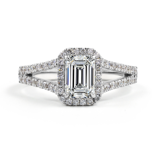 14K White Gold Lab Grown Emerald Cut Diamond Halo Ring