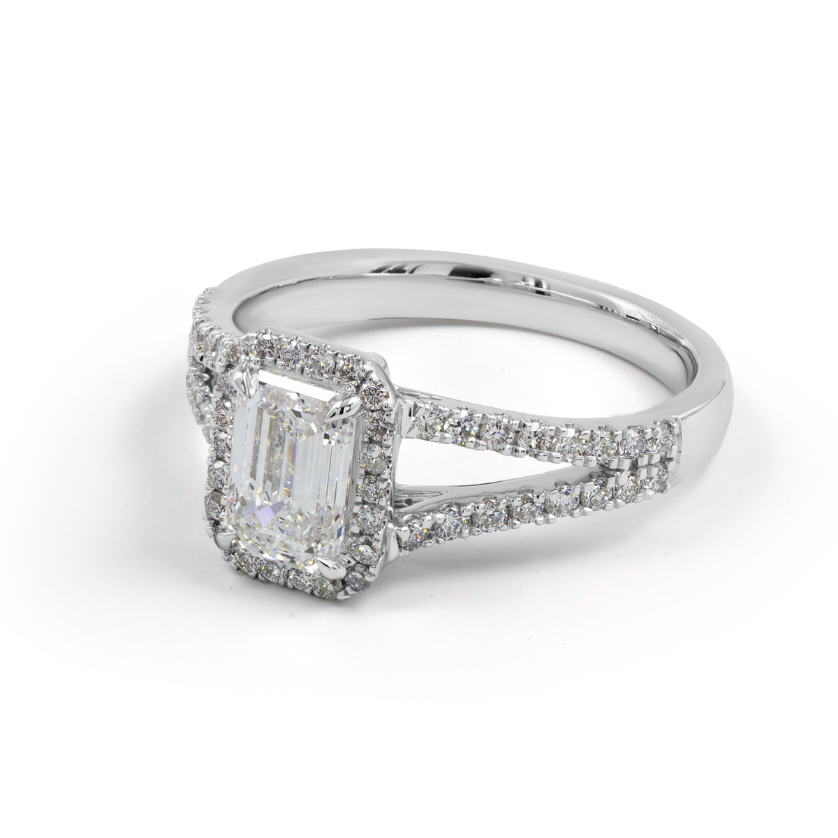 14K White Gold Lab Grown Emerald Cut Diamond Halo Ring
