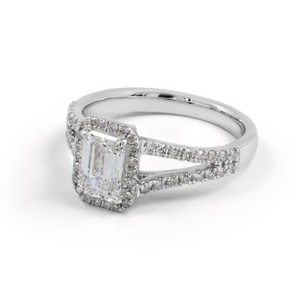 14K White Gold Lab Grown Emerald Cut Diamond Halo Ring
