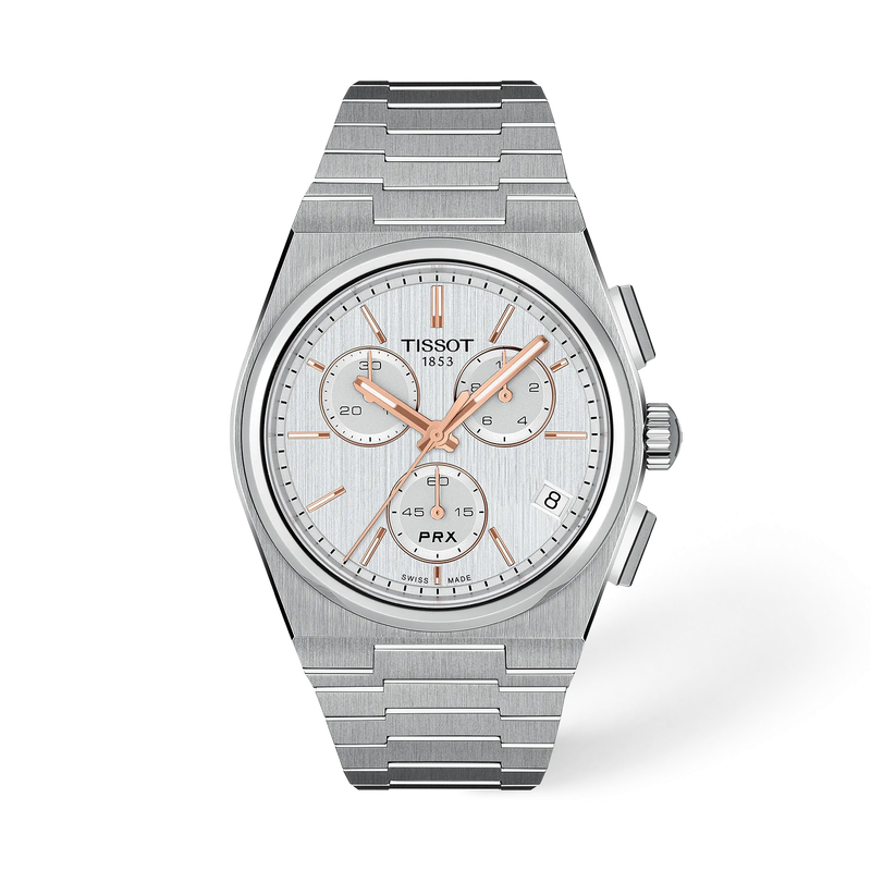 Tissot PRX 41Mm Silver Dial Rose Indexes Quartz Chronograph Watch