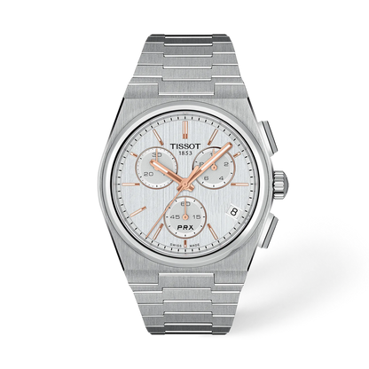 Tissot PRX 41Mm Silver Dial Rose Indexes Quartz Chronograph Watch