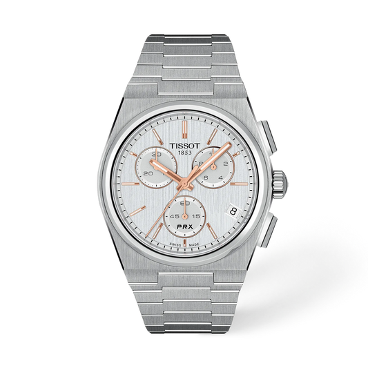 Tissot PRX 41Mm Silver Dial Rose Indexes Quartz Chronograph Watch